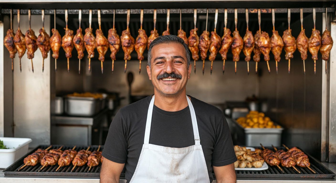 A smiling middle-aged Turkish man with a mustache, wearing a white apron, stands proudly in front of a small kebap restaurant with golden-brown chicken wings grilling on skewers behind him.