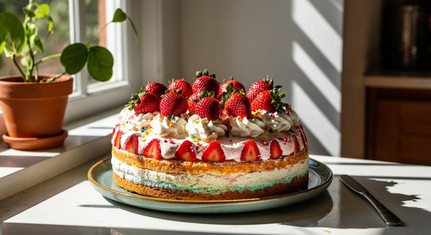 A colorful, layered cake topped with whipped cream, fresh strawberries, and decorative icing, placed on a ceramic plate in a cozy Turkish kitchen with sunlight streaming through the window.
