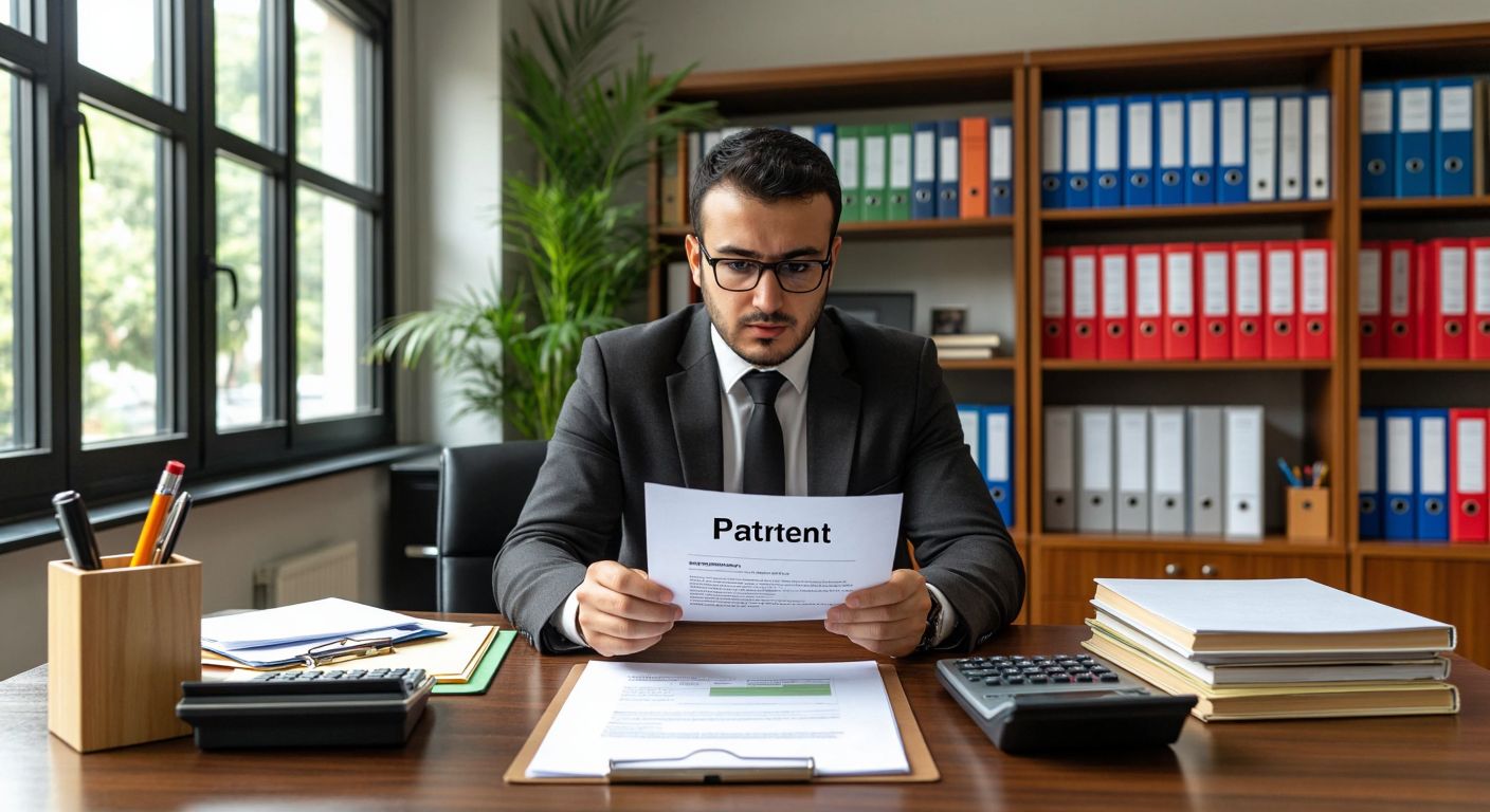 A Turkish accountant in a modern office compares a green land deed (250 account) with a document stamped "Patent" (260 account), surrounded by folders and a calculator.