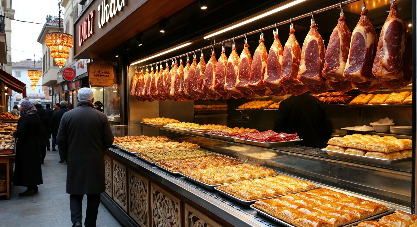 A bustling Turkish pastry shop with trays of baklava and börek in the display case, next to a traditional butcher shop hanging rows of cured pastirma, both under warm golden lights in Düzce.