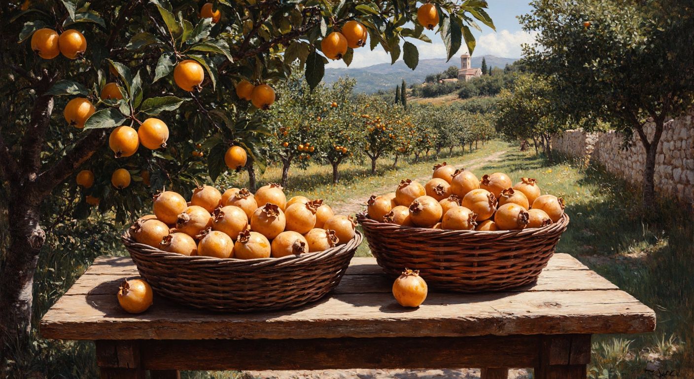 A rustic wooden table in a Turkish orchard holds two small baskets—one filled with ripe, golden-brown üvez fruits and the other with soft, amber muşmula, their textures contrasting under dappled sunlight.