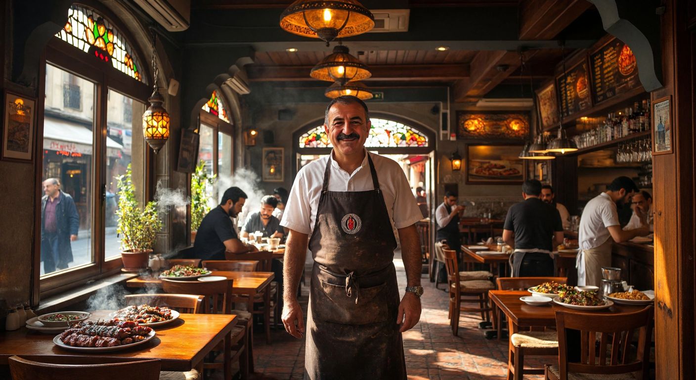 A bustling traditional Turkish restaurant with warm lighting, wooden tables, and steaming plates of kebabs, where a middle-aged man with a friendly smile and an apron stands proudly near the entrance.