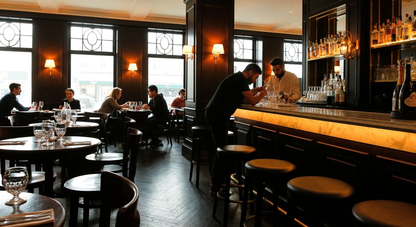 A dimly lit, elegant brasserie in Istanbul with dark wooden tables, patrons sipping amber-colored drinks from crystal glasses, and a bartender polishing a wine bottle behind a marble counter.