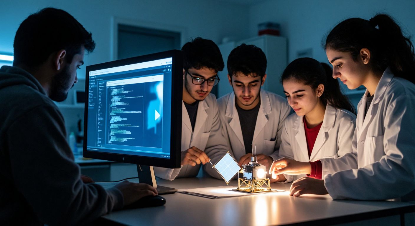 A split image: on the left, a glowing computer screen in a dim room with a shadowy figure downloading files, and on the right, a diverse group of young Turkish students in lab coats assembling a small satellite model with focused expressions.