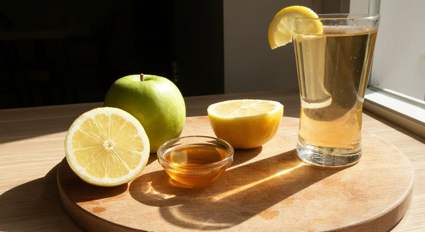 A wooden table in a Turkish kitchen holds a sliced lemon, a small bowl of vinegar, a green apple, and a fizzy drink, with sunlight streaming through a window onto the fresh, tangy ingredients.