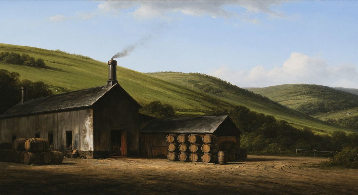 A rustic distillery nestled in rolling green hills under a clear blue sky, with wooden barrels stacked outside and a faint wisp of smoke rising from the chimney.