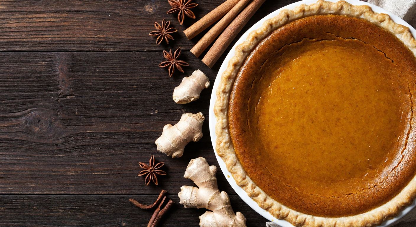 A warm, golden-brown pumpkin pie sits on a rustic wooden table, surrounded by scattered cinnamon sticks, ginger roots, and nutmeg pods, evoking the cozy aroma of autumn spices.