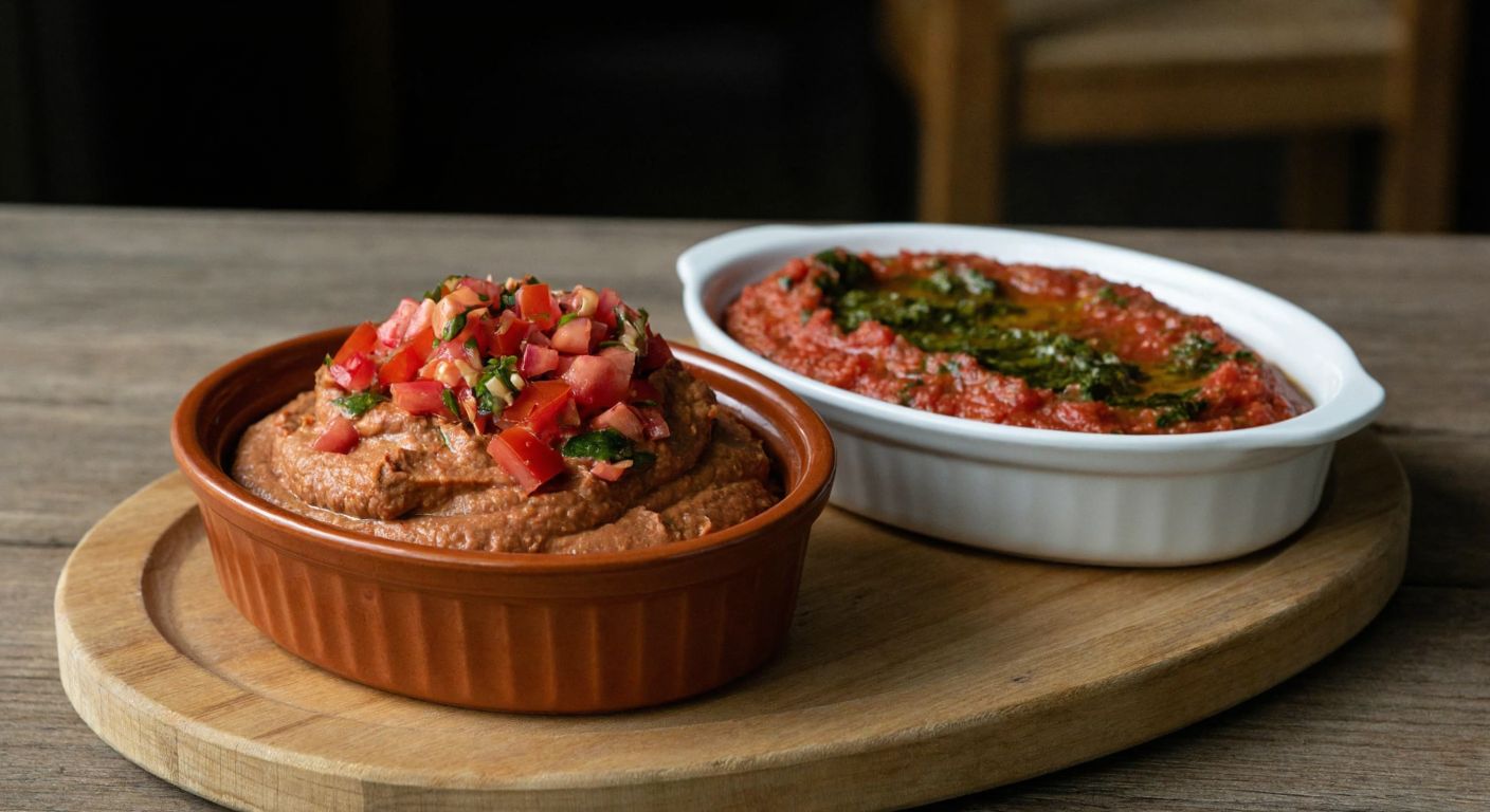 A rustic wooden table in a Turkish kitchen holds two contrasting dishes: a smooth, rich pâté in a ceramic ramekin beside a vibrant, chunky ezme salad with diced tomatoes, peppers, and herbs.