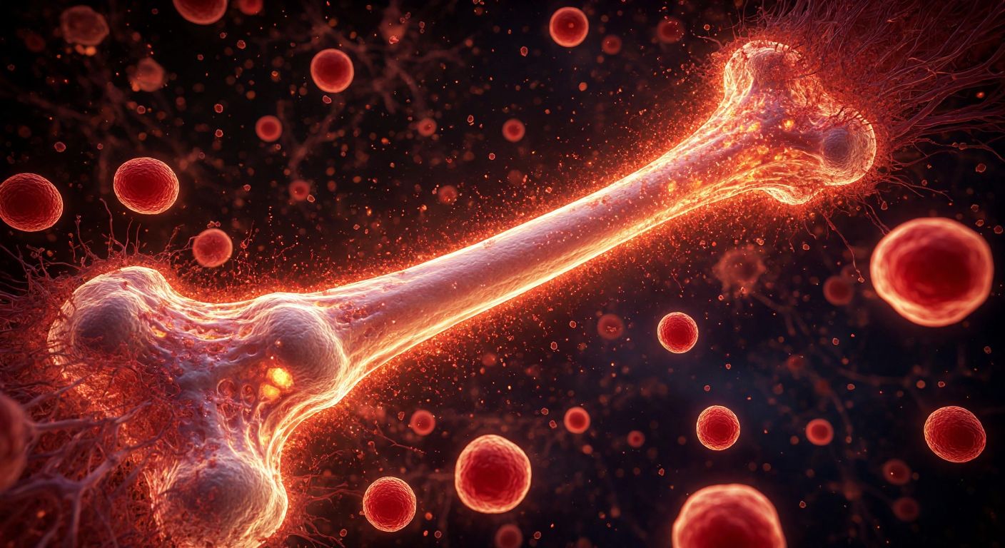 A glowing human femur with tiny osteoblast and osteoclast cells actively reshaping its surface, surrounded by a vibrant network of red and white blood cells emerging from the marrow.