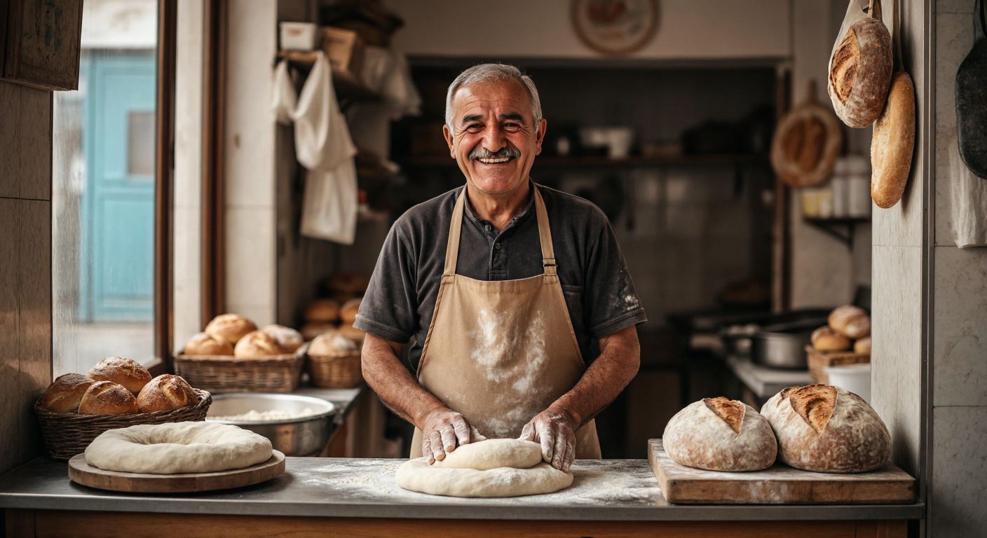 A smiling elderly Turkish man in a simple work apron stands behind a counter in a small neighborhood bakery, kneading dough while a warm loaf of bread sits nearby.
