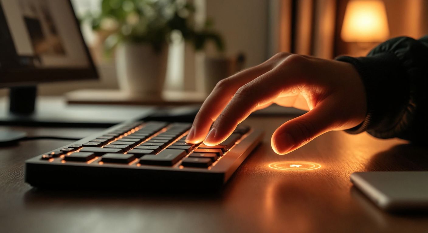 A hand with fingers hovering over a keyboard, pressing the Shift and 3 keys, with a faint glow around the keys to emphasize the action, set against a warm wooden desk in a cozy Turkish home.
