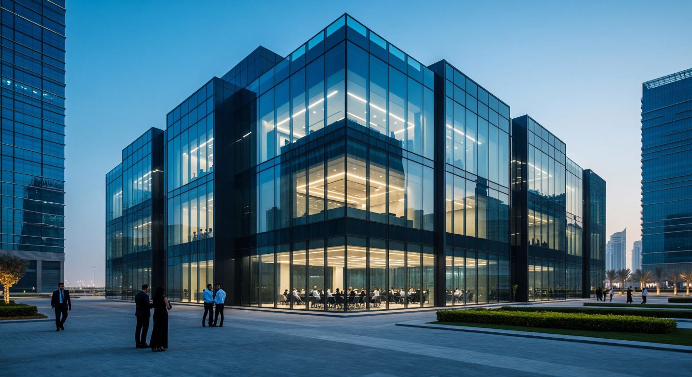 A sleek, modern corporate building in Qatar with multiple glass-fronted offices, each representing different sectors like finance, real estate, infrastructure, tourism, and agriculture, with professionals in business attire collaborating inside.