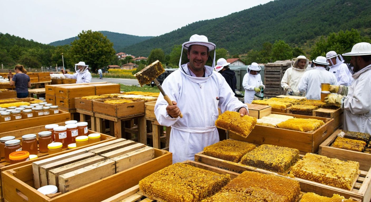 A bustling Turkish beekeeping market with wooden crates of golden honeycombs, jars of amber honey, and a smiling beekeeper in a white protective suit holding a hive tool, surrounded by lush green hills in the background.
