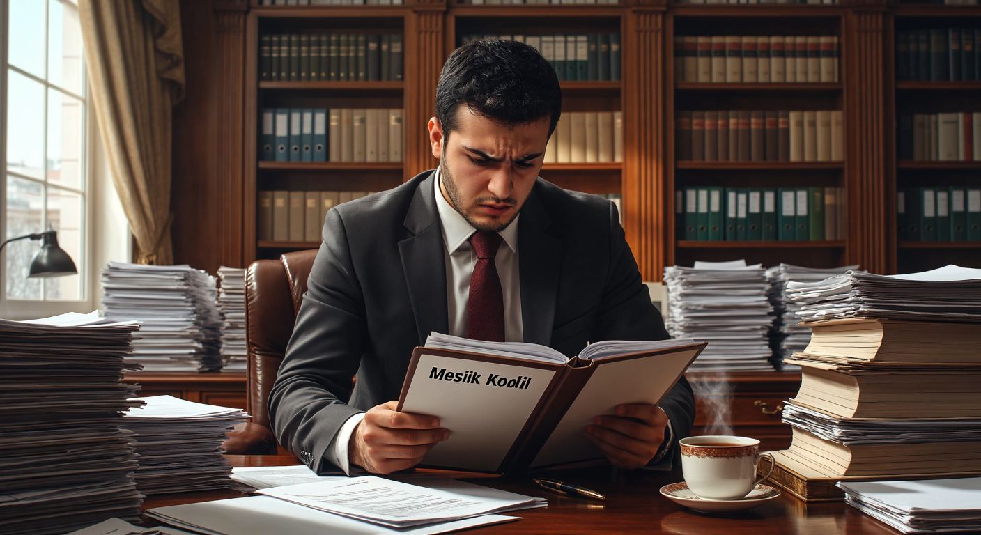A focused Turkish office worker in a neatly organized government building, frowning slightly while searching through a thick binder labeled "Meslek Kodları," surrounded by stacks of paperwork and a steaming cup of çay.