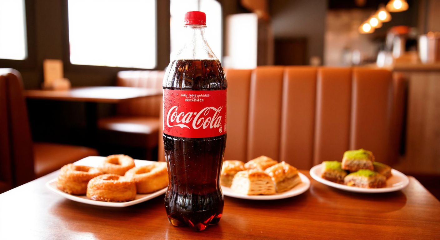 A frosty 2.5-liter Coca-Cola bottle with condensation droplets sits on a wooden table in a Turkish café, surrounded by small plates of baklava and simit.