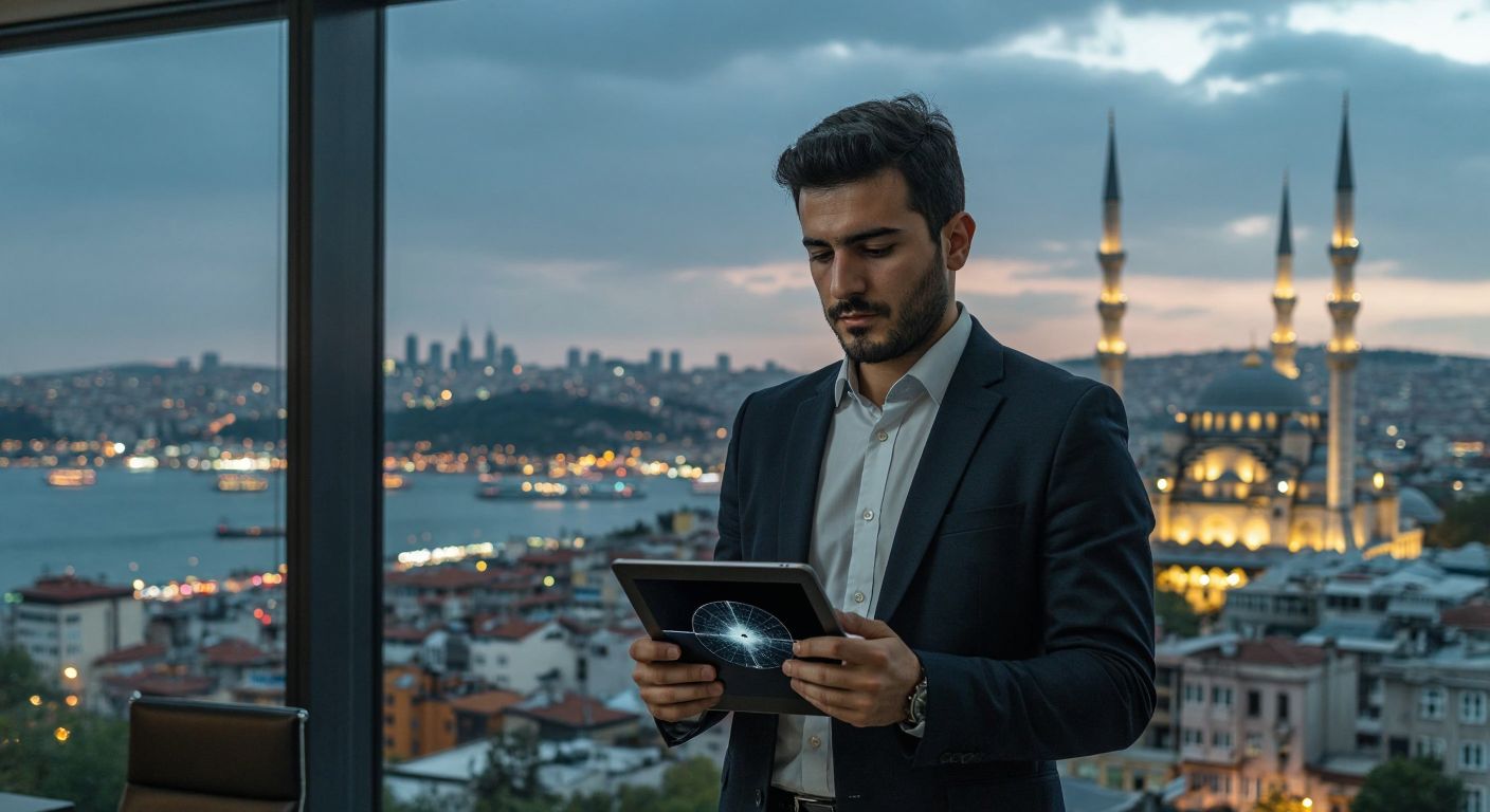 A Turkish businessman in a sleek office holding a tablet displaying a satellite dish, with a faint skyline of Istanbul in the background, looking contemplative.