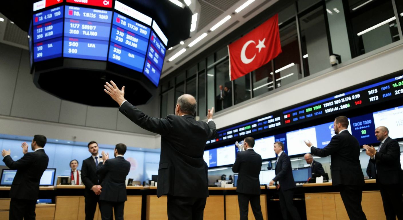 A bustling London Stock Exchange trading floor with traders in suits gesturing animatedly, surrounded by digital tickers (without text) displaying fluctuating numbers, while a single Turkish flag subtly hangs in the background.