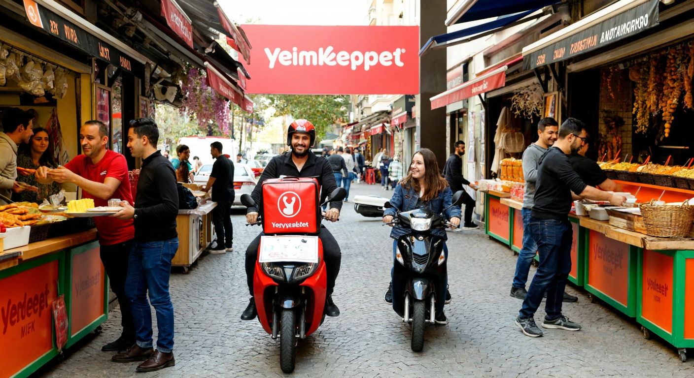 A vibrant Turkish marketplace with colorful food stalls, a delivery rider on a scooter holding a Yemeksepeti-branded bag, and people smiling as they receive meals.