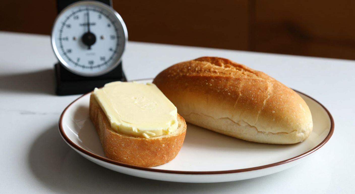 A small, round Turkish breakfast plate holds a golden pat of Sana margarine next to a slice of fresh bread, with a simple kitchen scale in the background showing a weight measurement.