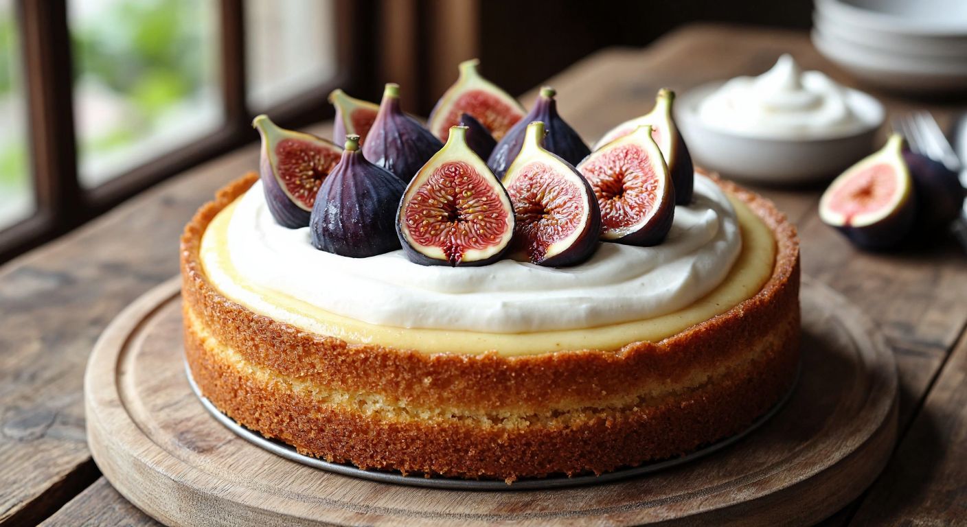A golden-brown fig cake topped with a creamy vanilla pudding and a dollop of whipped cream, garnished with fresh fig slices, placed on a rustic wooden table in a sunlit Turkish kitchen.