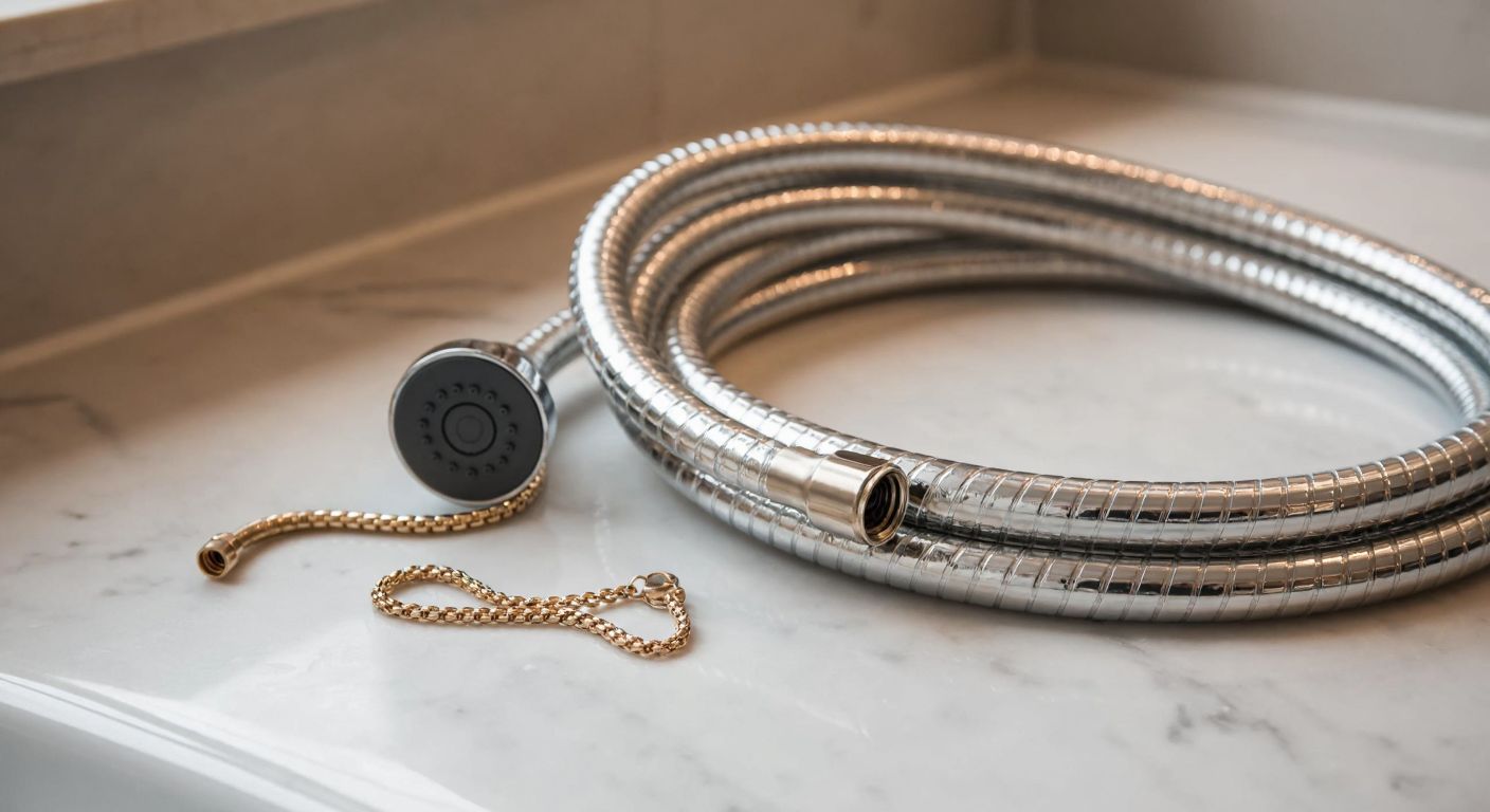 A coiled silver shower hose lying next to a delicate gold chain on a marble bathroom counter, with water droplets glistening on the hose.