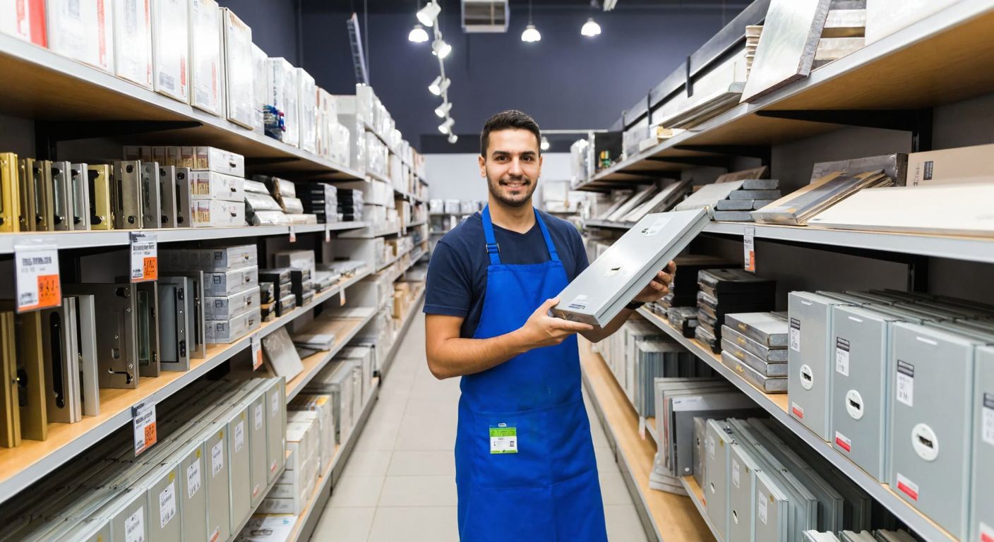 A well-lit hardware store aisle in Turkey, with neatly stacked shelves displaying various door hinges, including folding door hinges, and a smiling shop assistant in a blue apron holding one up for inspection.