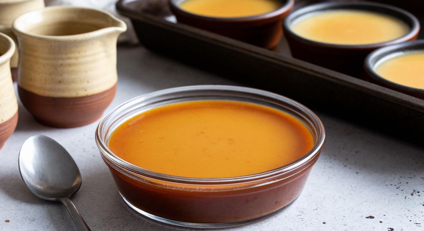 A warm, golden-brown crème caramel sits in a heatproof glass bowl, surrounded by rustic Turkish ceramic cups and a baking tray filled with simmering water, evoking a cozy home kitchen scene.