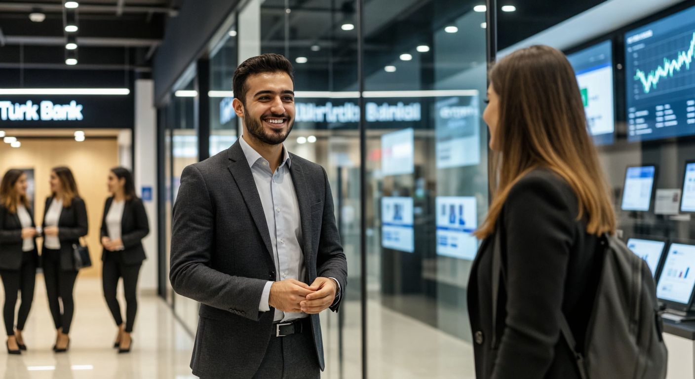 A modern Turkish bank branch with a sleek glass facade, where a smiling banker in a professional suit assists a diverse group of customers—a young couple, a small business owner, and an elderly person—while digital screens subtly reflect financial services in the background.