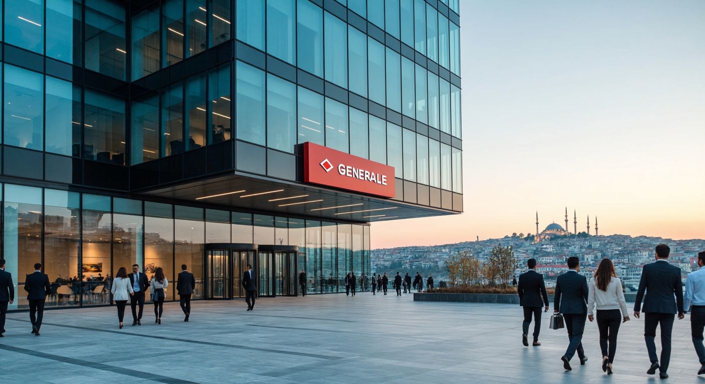 A modern corporate building with the Société Générale logo subtly integrated into its glass facade, set against a bustling Istanbul skyline with people in business attire walking by.