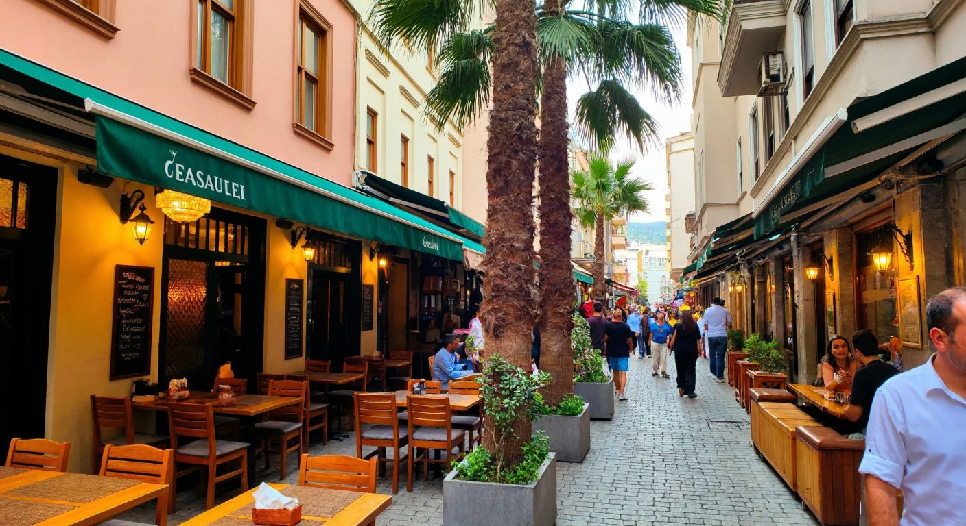 A bustling street in Alanya with a cozy restaurant under a green awning, surrounded by palm trees, and another narrow cobblestone alley in Istanbul's Fatih district with a traditional kebab shop emitting savory smoke.