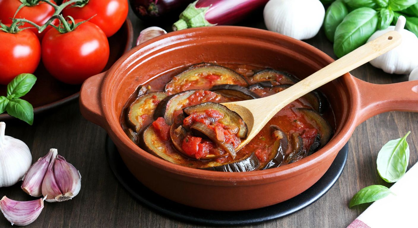 A rustic Turkish kitchen with a steaming clay pot of thinly sliced eggplant stew, surrounded by fresh ingredients like tomatoes, onions, garlic, and basil, with a wooden spoon resting on the pot's edge.