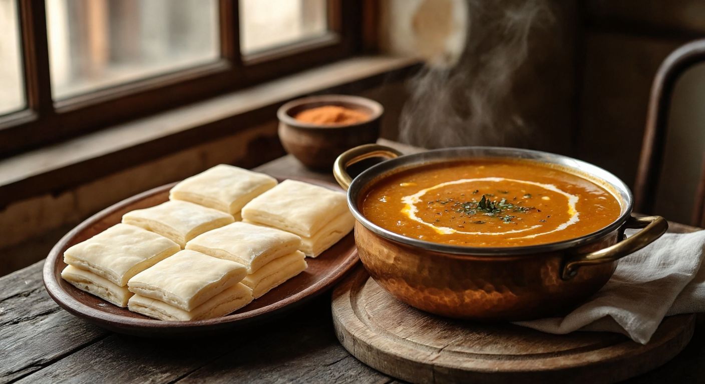 A steaming bowl of thick, golden arabaşı soup sits beside neatly sliced squares of soft, white dough on a rustic wooden table in a cozy Turkish kitchen.