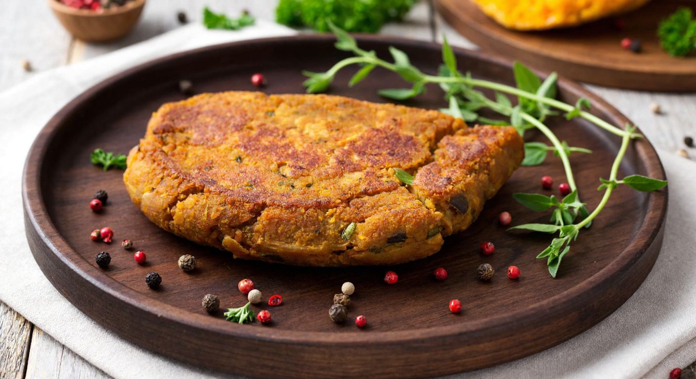 A golden-brown seitan steak on a rustic wooden plate, garnished with fresh herbs and surrounded by colorful spices, evoking a hearty vegan meal.