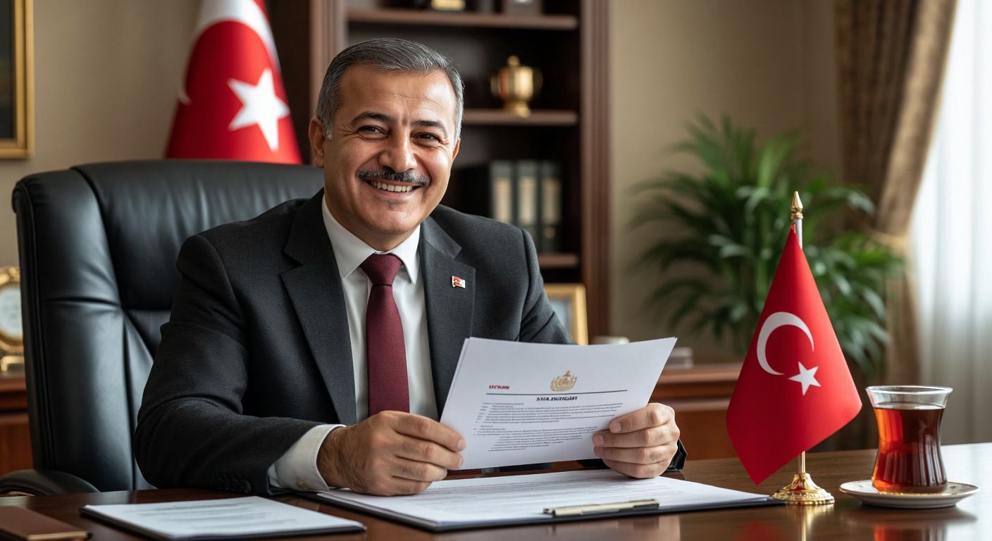 A middle-aged Turkish civil servant in a formal office setting smiles warmly while holding a retirement document, with a small Turkish flag and a steaming cup of çay on the desk beside them.