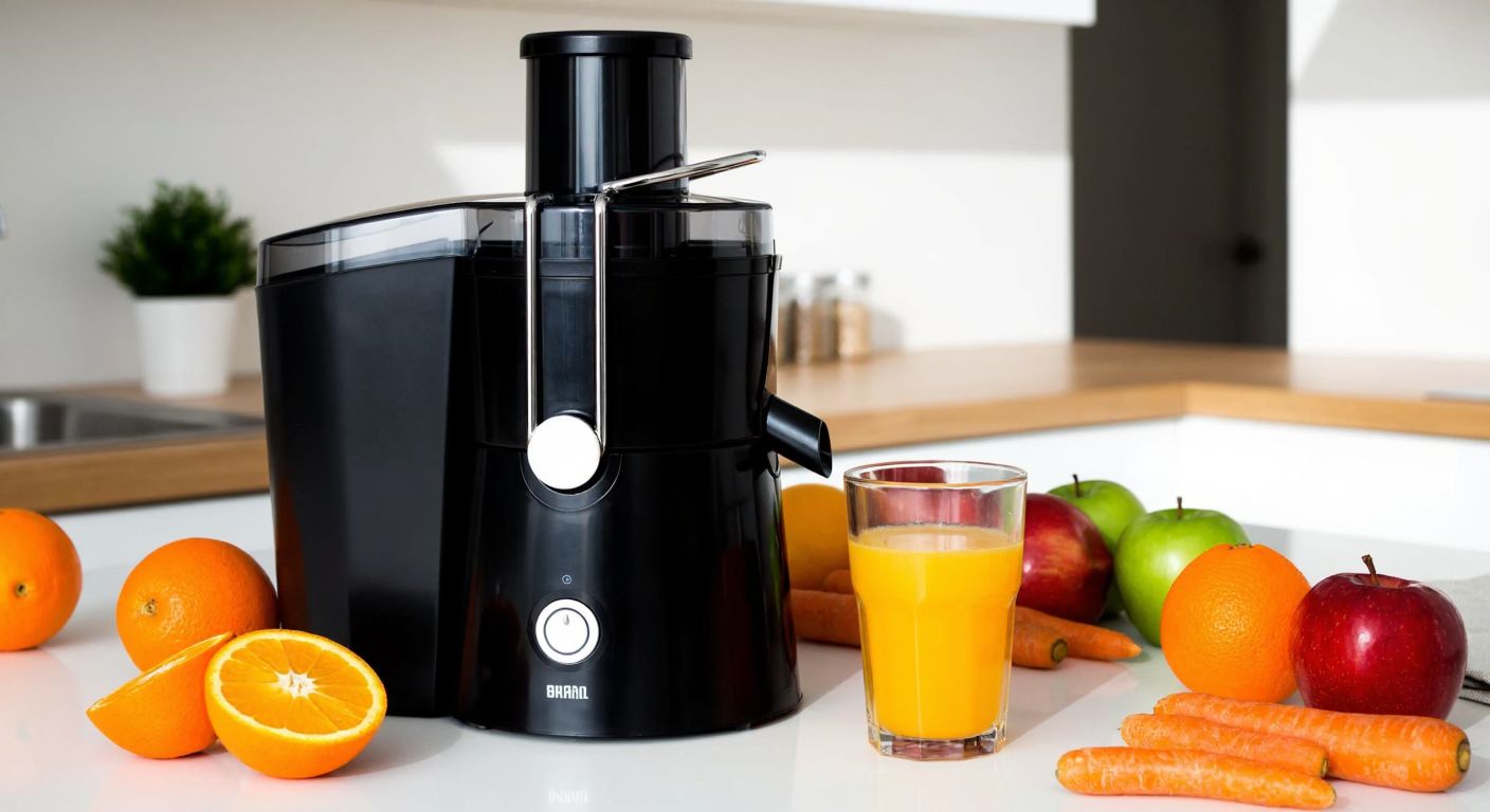 A sleek Braun Multiquick 3 J300 juicer sits on a sunlit kitchen counter, surrounded by fresh oranges, apples, and carrots, with a glass of vibrant orange juice beside it.