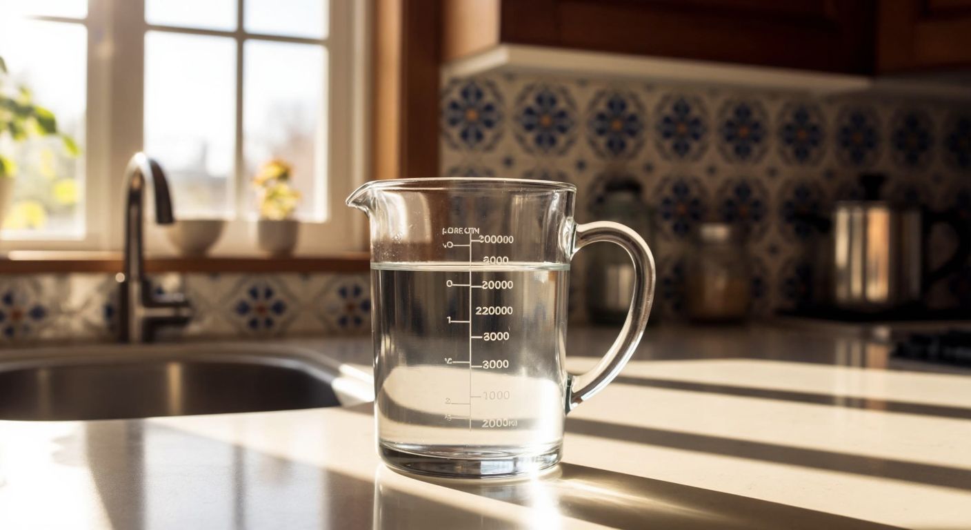 A clear glass measuring cup filled with water to the 200 ml mark, placed on a sunlit kitchen counter with a traditional Turkish ceramic tile backsplash in the background.