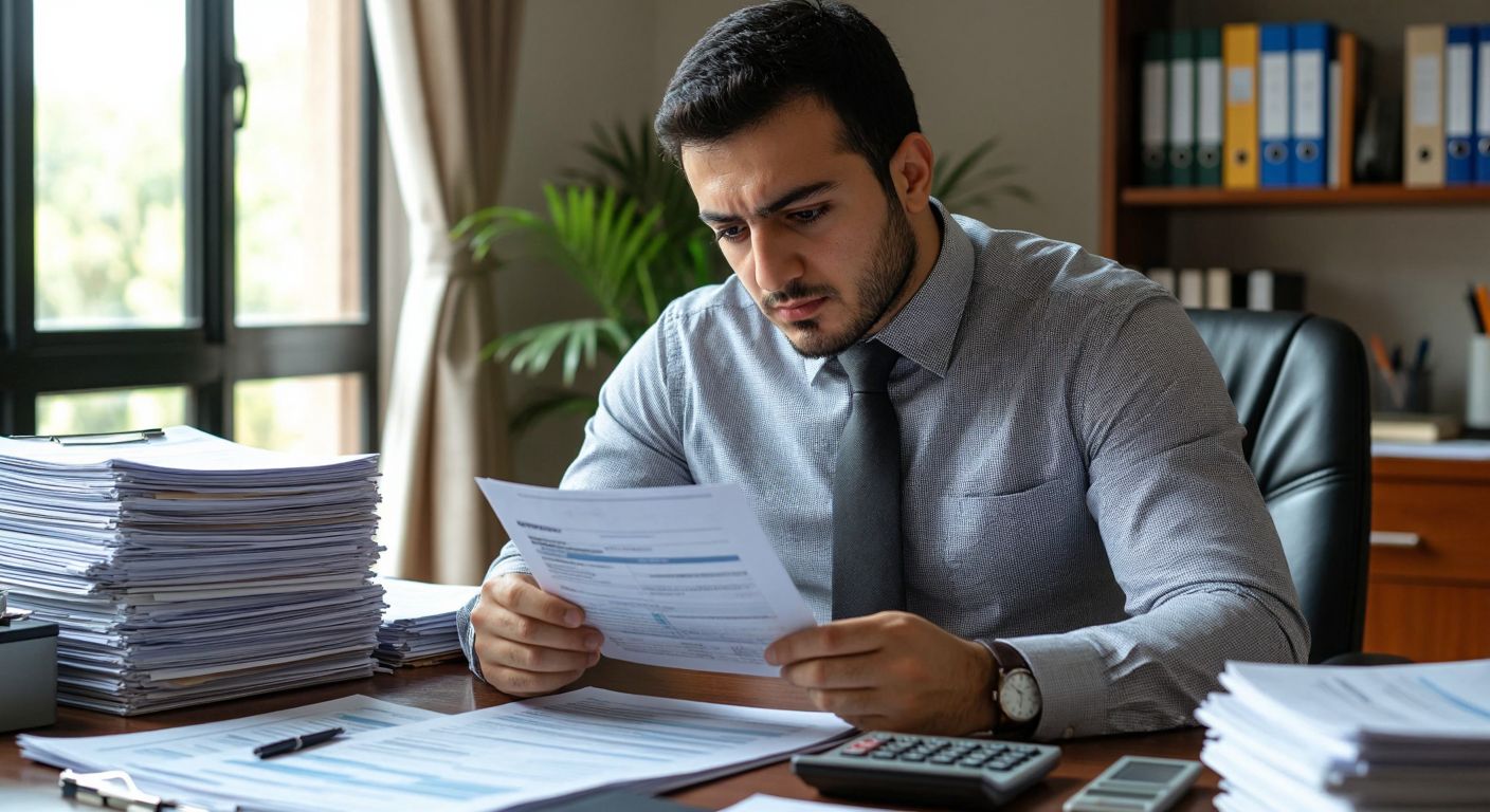 A focused Turkish accountant in a tidy office, surrounded by stacks of financial documents and a calculator, carefully reviewing a tax form with a thoughtful expression.