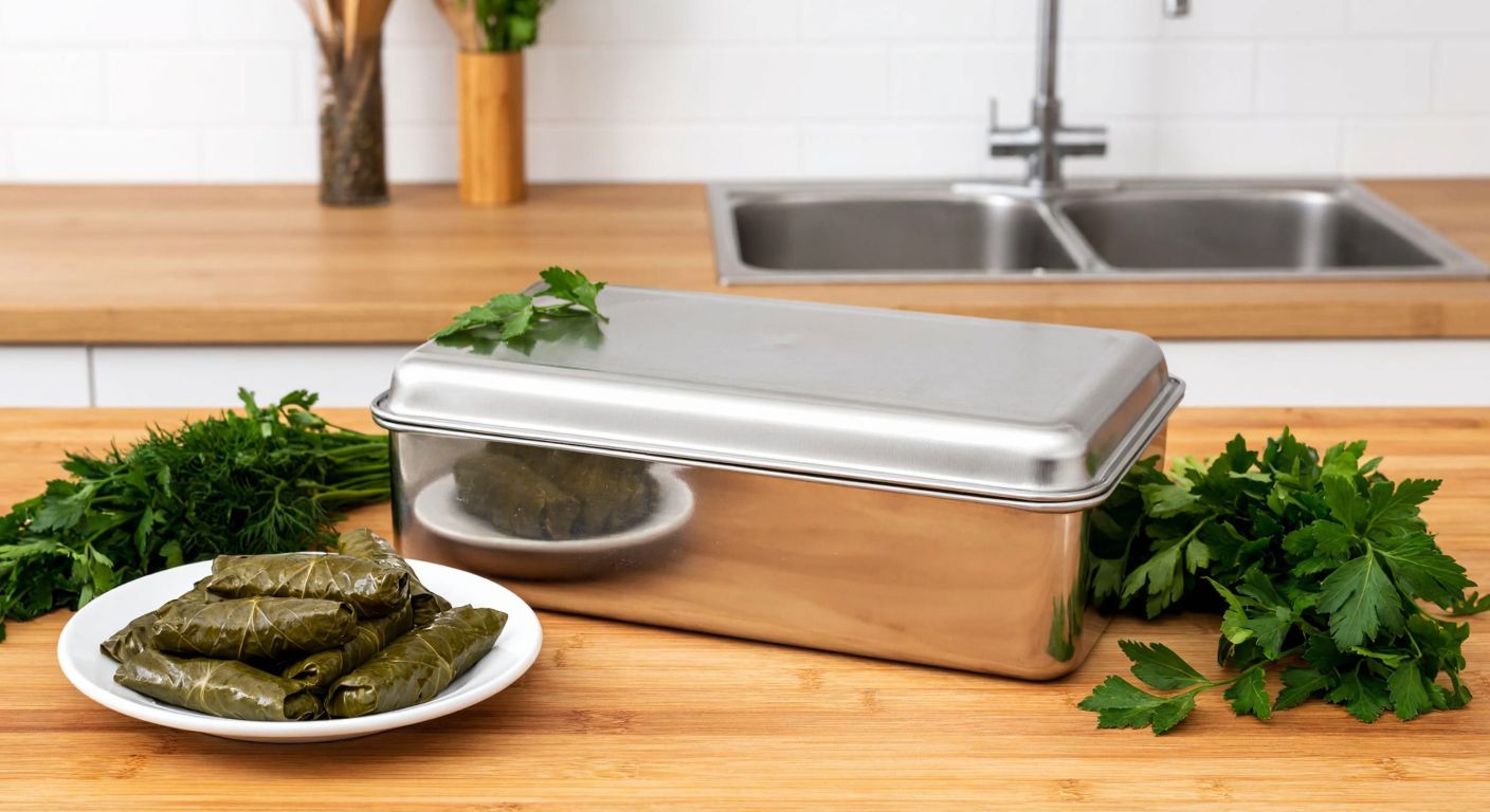 A sturdy, rectangular metal food container with a shiny silver surface sits on a wooden kitchen counter in Turkey, surrounded by fresh herbs and a steaming dish of stuffed grape leaves (yaprak sarma), evoking warmth and practicality.