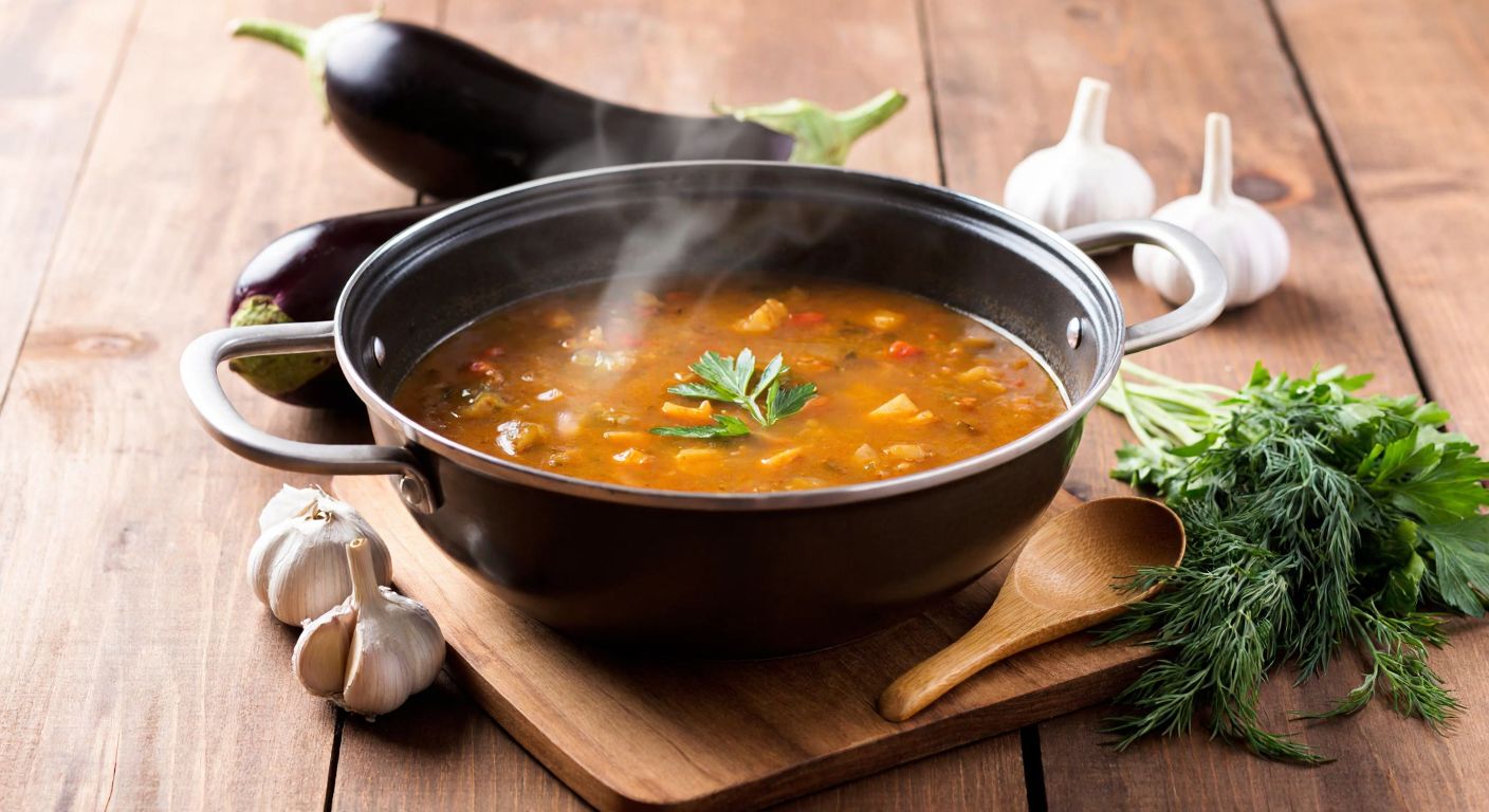 A rustic Turkish kitchen with a steaming pot of roasted eggplant soup on a wooden table, surrounded by fresh ingredients like eggplants, garlic, and dill, with a wooden spoon resting beside the pot.