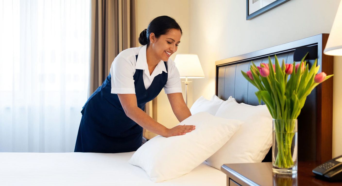 A smiling hotel housekeeper in a crisp uniform meticulously making a bed in a bright, tidy room with fresh linens and a vase of tulips on the nightstand.