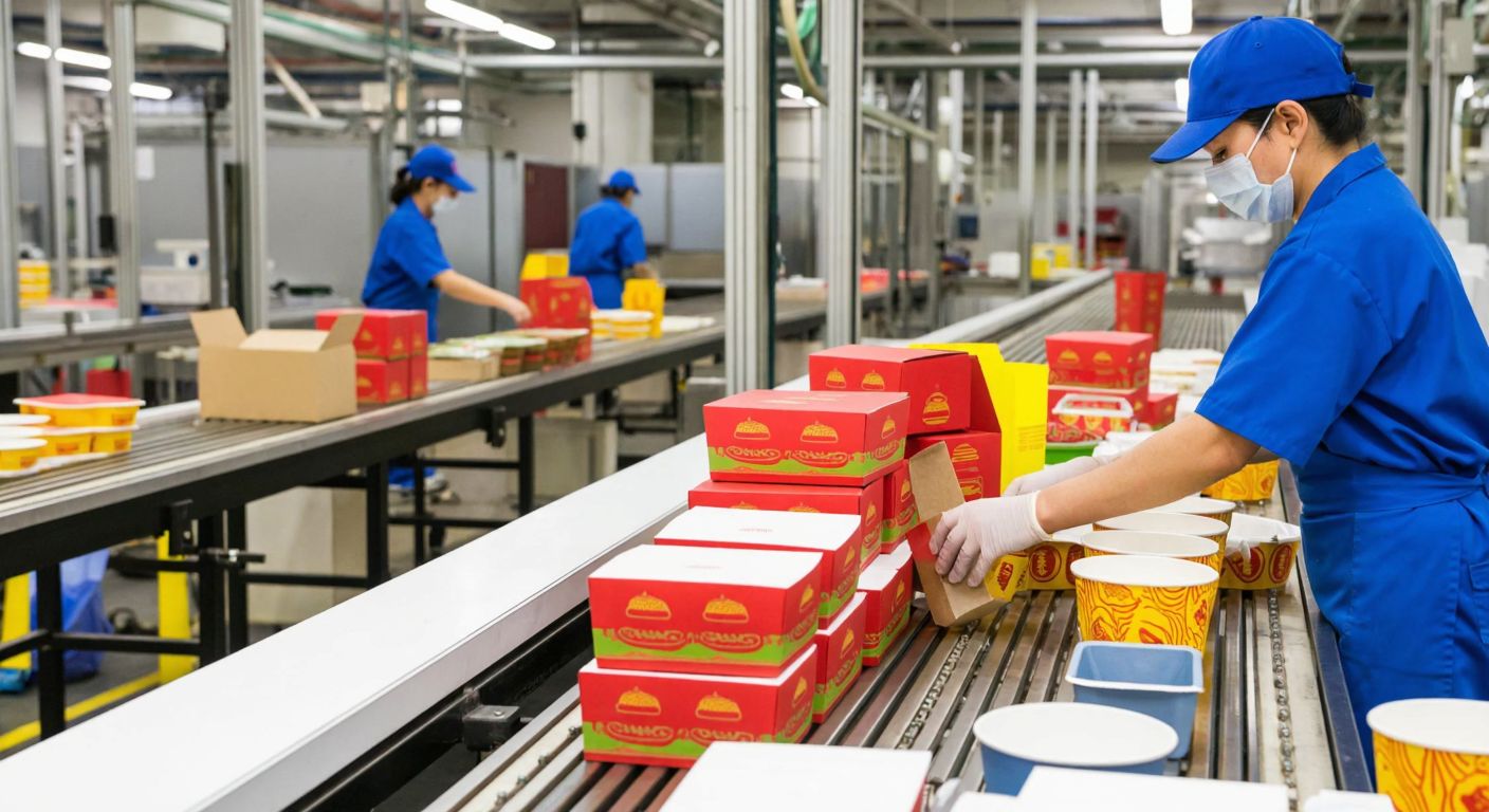A factory worker in a blue uniform carefully stacks colorful cardboard burger boxes and noodle containers on a conveyor belt in a bustling packaging facility.