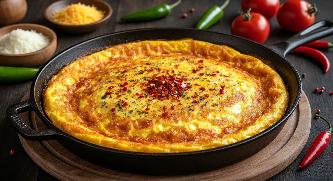 A golden, fluffy omelette sizzling in a cast-iron pan, sprinkled with vibrant red chili flakes, surrounded by fresh peppers, grated cheese, and a wooden spoon resting nearby, evoking warmth and a homey Turkish kitchen.