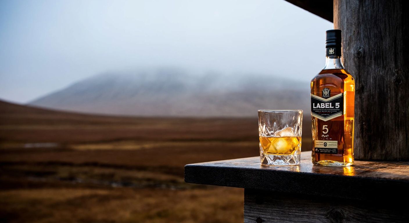 A rustic wooden bar in Scotland with a bottle of Label 5 whisky, its amber liquid glowing under warm light, surrounded by a misty highland landscape.
