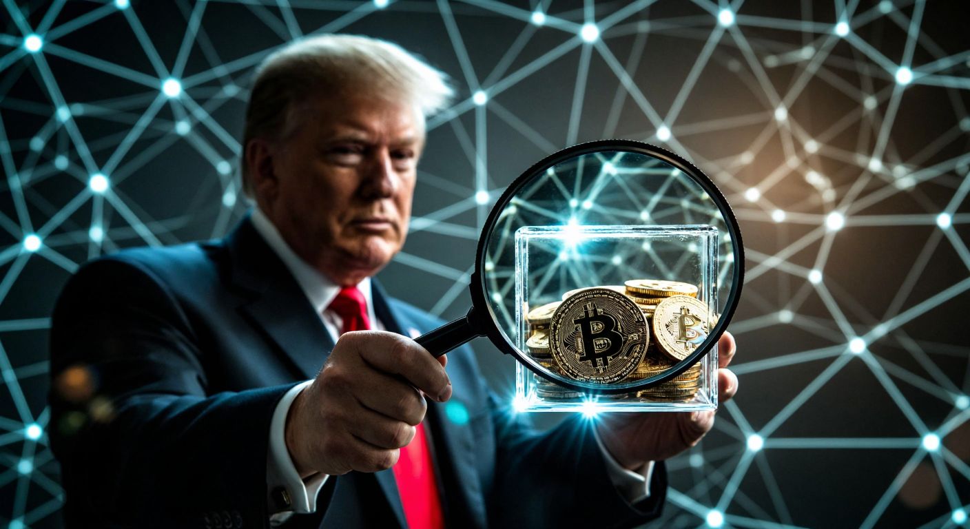 A digital magnifying glass hovers over a glowing blockchain network, revealing a shadowy figure resembling Donald Trump holding a transparent wallet filled with shimmering cryptocurrency coins.