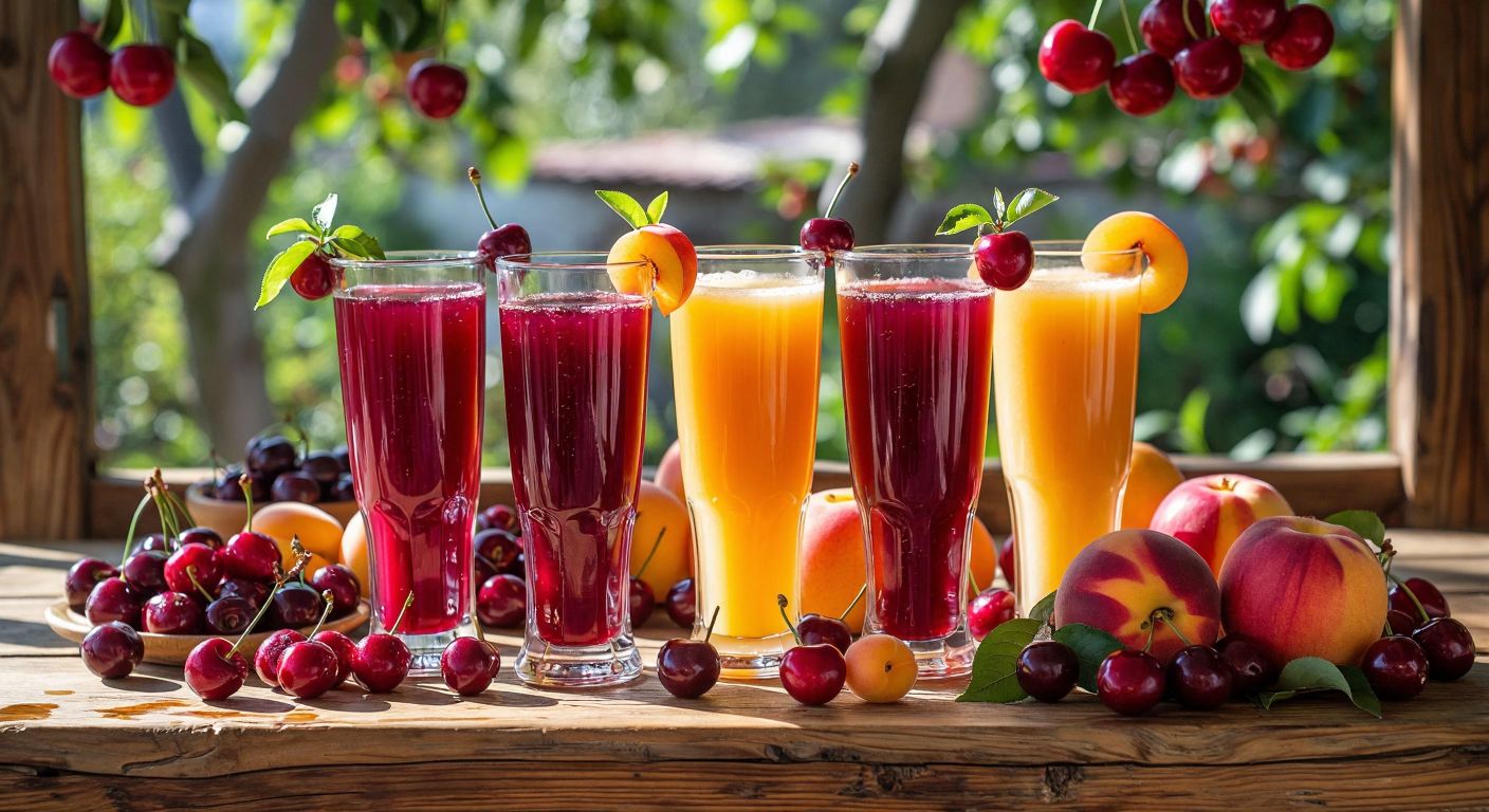 A vibrant display of freshly squeezed fruit juices in tall glasses, featuring deep red vişne (sour cherry) juice, golden peach nectar, rich apricot blend, and crisp apple juice, with ripe fruits like cherries, peaches, apricots, and apples scattered around on a sunlit wooden table in a Turkish kitchen.