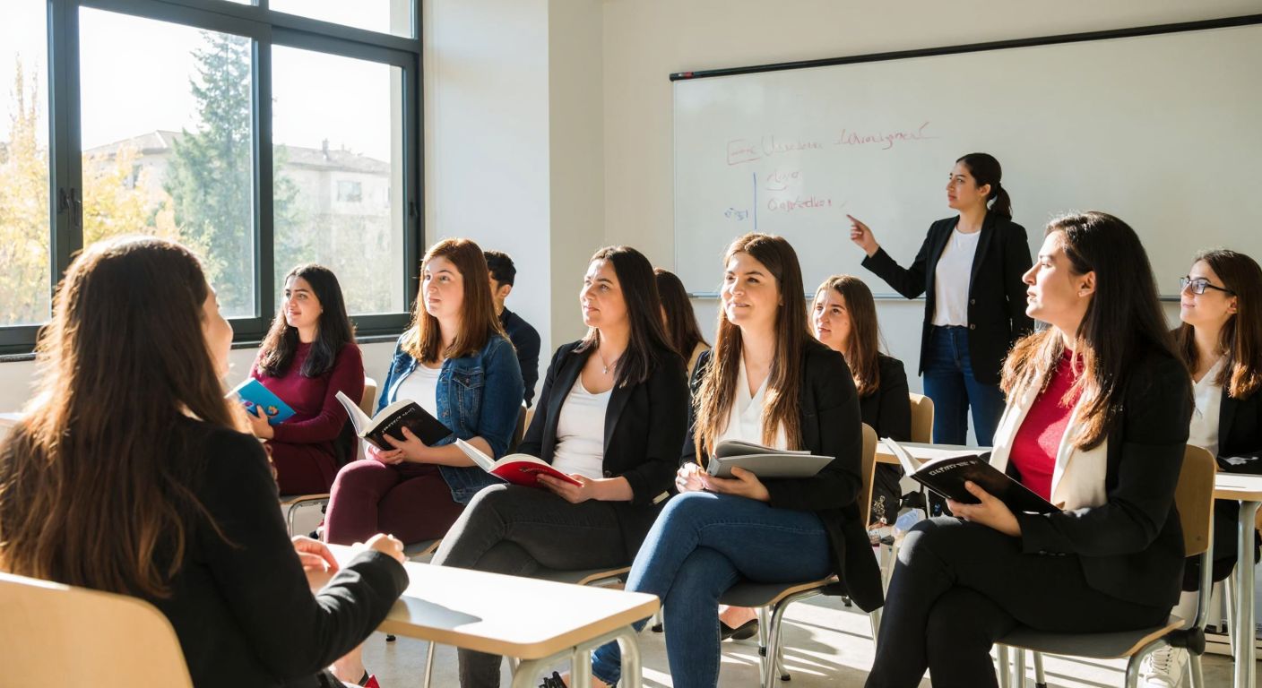 A group of diverse university students in Ankara sit attentively in a sunlit classroom at Atılım University, some holding English textbooks while others listen to an instructor pointing at a whiteboard with a confident smile.