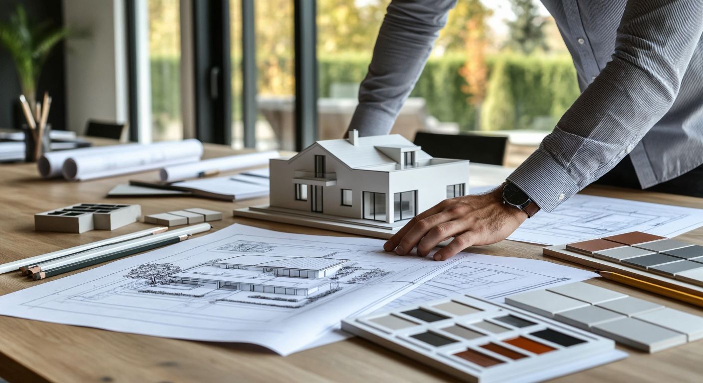 A modern Turkish architectural firm's workspace with blueprints spread on a wooden table, an architect in a crisp shirt pointing at a 3D model of a villa, and construction materials like tiles and paint samples neatly arranged nearby.