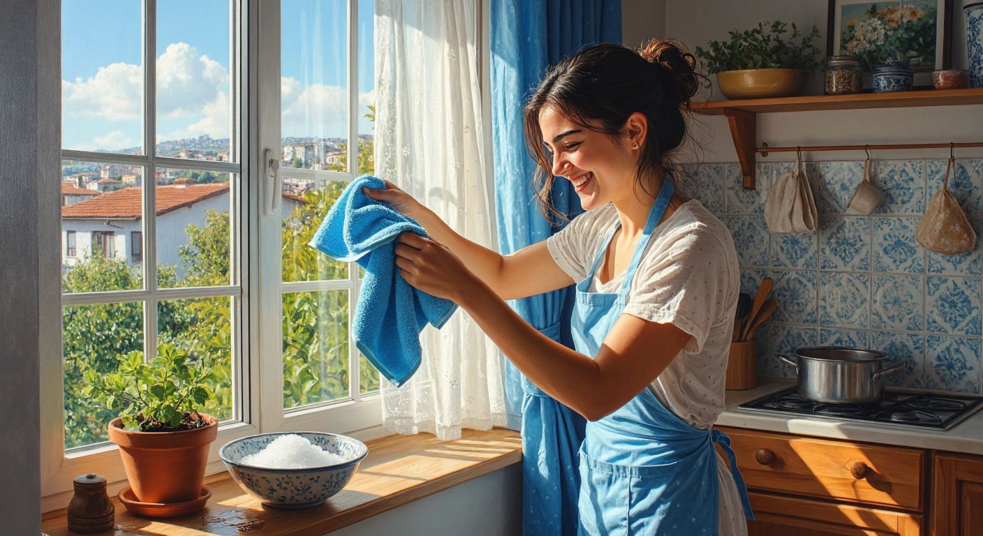A smiling woman in a bright Turkish home vigorously wipes a sparkling window with a crumpled newspaper in one hand and a blue microfiber cloth in the other, while a small bowl of soapy water with a pinch of salt sits nearby on a wooden stool.