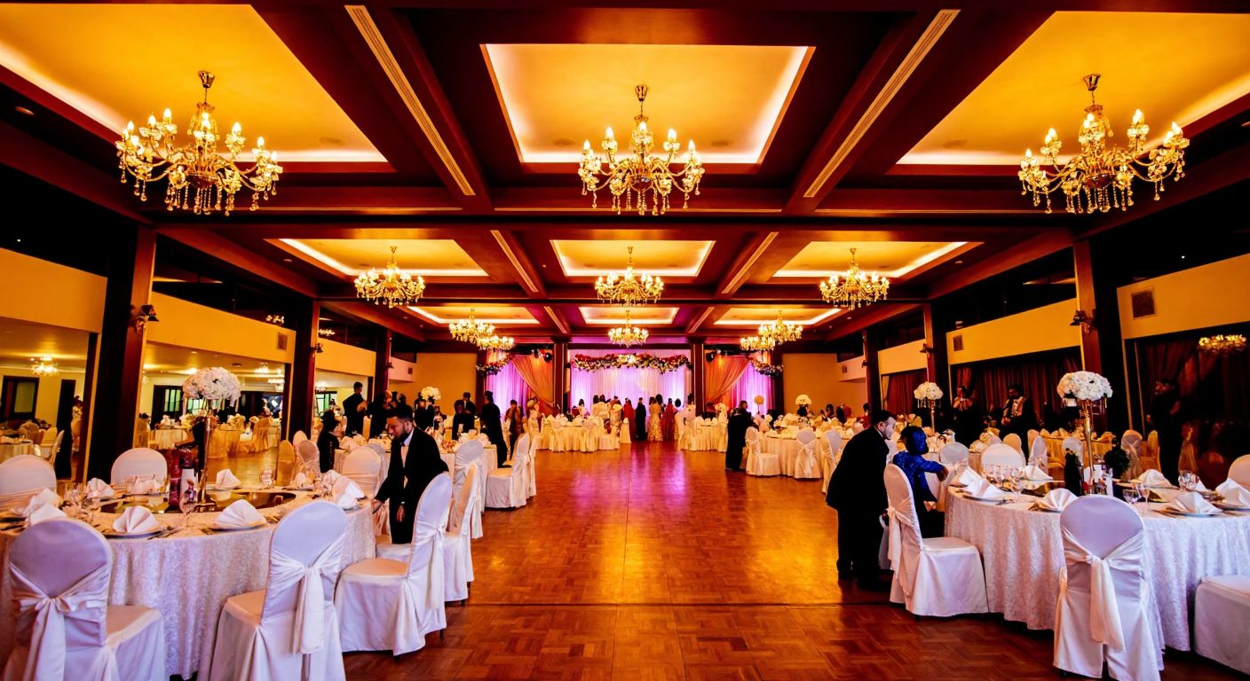 A grand, warmly lit wedding hall in Adana with elegant chandeliers, long banquet tables draped in white linens, and guests dressed in festive attire, reflecting the spacious capacity of Tuncay Karabay's venue.