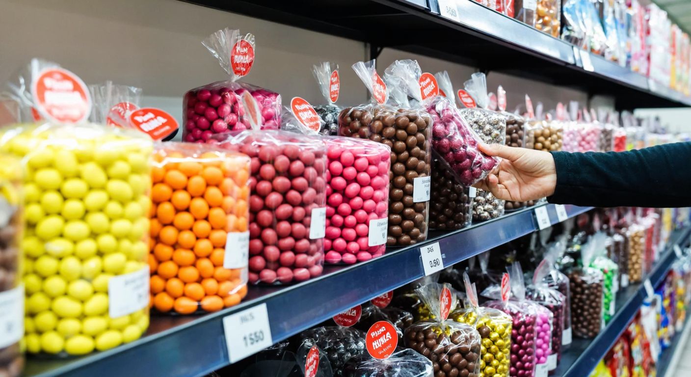 A colorful display of assorted sugar-coated chocolate drajes in small, shiny packages on a shelf inside a BİM supermarket, with a customer's hand reaching to pick one.